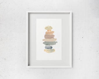 Balancing Stones Watercolor Print - Multiple Size Options - Neutral Minimalist Wall Art