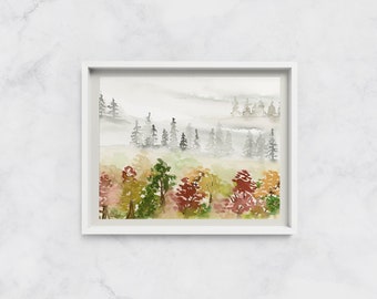 Misty Autumn Landscape Watercolor Print - Multiple Size Options - Fall Forest Wall Art