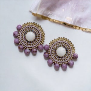 Lavender & Gold Beaded Stud Statement Earrings