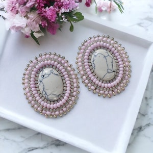 Howlite & Pastel Pink Beaded Stud Earrings
