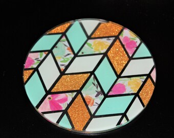 Handcrafted Coaster - Floral Mint Chevron Design - Reversible Resin and Vinyl