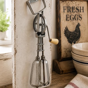 Vintage Hand Crank Egg Beater | Rustic Kitchen Wall Decor | Farmhouse Baking Utensil | Butter Yellow Knob | Rotary Mixer
