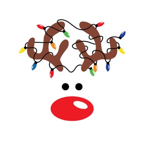 Christmas Lights Reindeer, süßes Rentiergesicht in Weihnachtsbeleuchtung verstrickt, Perfekt für Babys erste Weihnachts- oder Vinylaufkleber oder -karten.