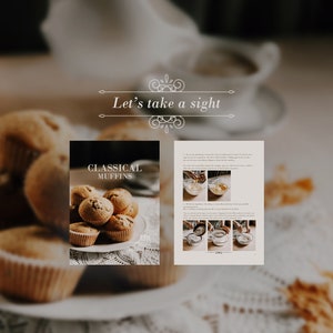 May include: A recipe card for classic muffins with a close-up image of muffins on a white plate. The recipe card has a title that says "Classical Muffins" and includes instructions for making the muffins.