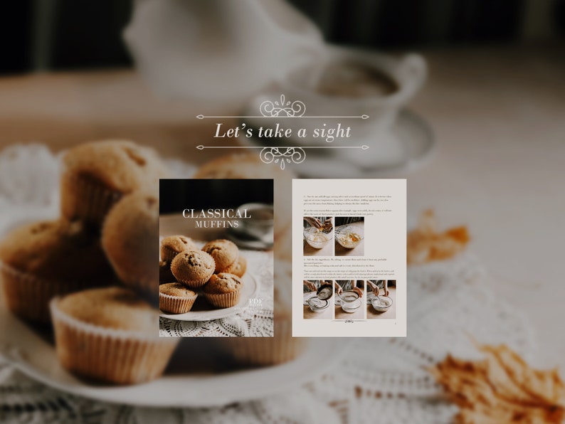 May include: A recipe card for classic muffins with a close-up image of muffins on a white plate. The recipe card has a title that says "Classical Muffins" and includes instructions for making the muffins.
