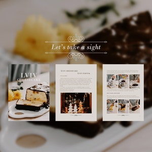 Puede incluir: Un folleto de recetas para Lviv Cheesecake, un postre tradicional ucraniano. El folleto presenta una foto del pastel de queso en la portada e instrucciones sobre c&oacute;mo hacerlo.