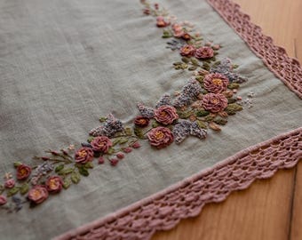 Linen hand embroidered decorative napkin with hand crocheted lace| Unique botanical embroidery|Vintage style home decor|Home textile