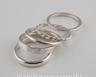 Conjunto de cinco anillos apilables de plata// 5 conjuntos de anillo de mujer de plata // Anillos apilables // Conjunto de bandas // Anillos retorcidos con cuentas delicadas