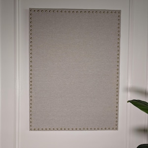 Pinboard, Corkboard, Memo Board, Vision Board, wrapped in natural linen or burlap with a custom Spaced, nail head design
