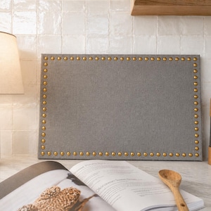Pinboard, Mini Corkboard, Memo Board, Vision Board, wrapped in natural linen or burlap and with a custom Spaced, nail head design