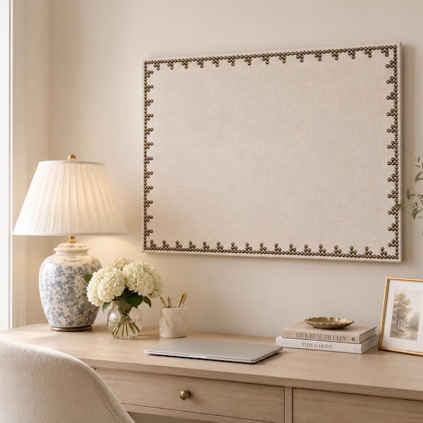 Custom Linen Burlap Corkboard or Magnet Board with Nailhead Trim- Bulletin Board for Office, Vision Board, Memo, or Photo Display