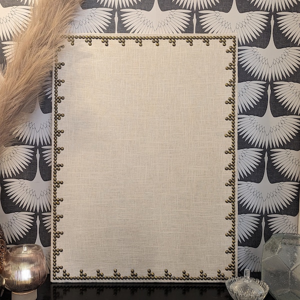 Pinboard, Corkboard, Memo Board, Vision Board, wrapped in natural linen and with a custom Staircase, nail head design