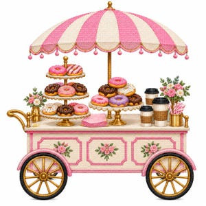 May include: A mobile food cart with a pink and white striped umbrella, featuring a tiered stand filled with assorted glazed donuts, a separate pedestal tray of donuts, three coffee cups, and floral arrangements in gold containers.