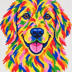 May include: A needlepoint canvas featuring a colorful, multi-hued dog portrait. The design uses a vibrant palette of yellow, red, blue, green, and pink stitches to form the face of a dog with brown eyes, a blue nose, and a pink tongue.