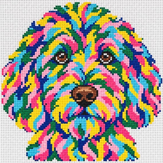 Pastel Goldendoodle Needlepoint Design: Colorful, Playful Dog Art