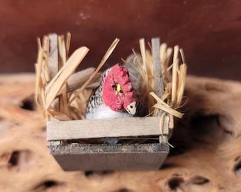 Nesting Hen in Crate – 1:12 Scale Handmade Miniature by Rainbow Hand