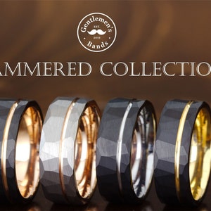 Alianza de boda para hombre, de tungsteno dorado, con acabado cepillado y martillado negro, con facetas, ideal como regalo de aniversario de plata, para compromiso y un anillo único.