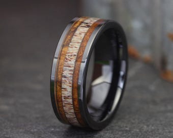 Buitenman ring heren, trouwring hertengewei, ring hertengewei met zwarte inleg, heren trouwring, trouwring heren gewei