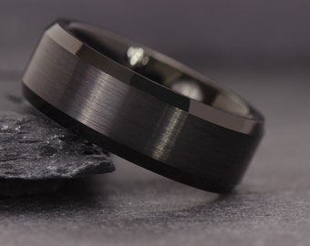 Black Obsidian Tungsten Ring, Mens Black Ring, Black Obsidian Wedding Band, Engagement Band, Husband Anniversary Gift, His and Hers Ring Set