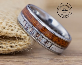 Antler Wedding Band, Mens Wood Wedding Ring, Unique Wood Wedding Ring, Mens Silver Engagement Ring, Mens Anniversary, Male Wood Ring