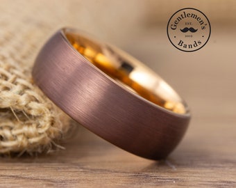 Men's Rose Gold Wedding Ring, Brown Wedding Ring, Mens Wedding Band, Mens Engagement Ring, Brushed Ring, Mens Anniversary Ring
