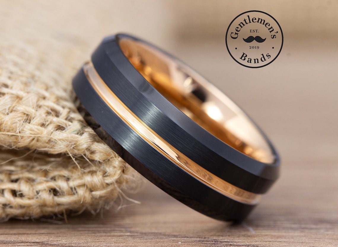 Black and Gold Strip Wedding Band Mens Ring Mens Black image 1