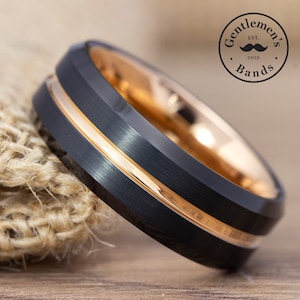 Black and Gold Strip Wedding Band, Mens Ring, Mens Black Wedding Band, Black and Gold Ring Tungsten, Wedding Band Gold, Mens Rings