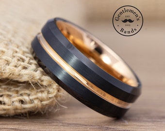 Black and Gold Strip Wedding Band, Mens Ring, Mens Black Wedding Band, Black and Gold Ring Tungsten, Wedding Band Gold, Mens Rings