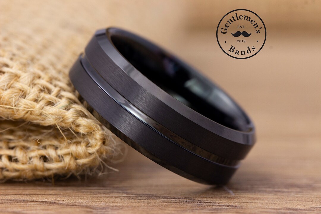 Mens Black Brushed Wedding Band, Mens Black Wedding Ring, Mens Grooved