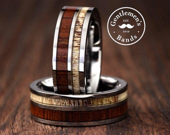 Mens Deer Antler Ring, Mens Unique Wedding Ring, Mens Wedding Band, Tungsten Wedding Band, Wood Tungsten Wedding Band, Deer Antler Ring
