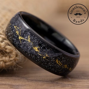 Gelb Meteorit Ehering, Herrenring schwarz, Meteorit Herrenring, Hartmetallband, Verlobungsring, Jubiläumsring
