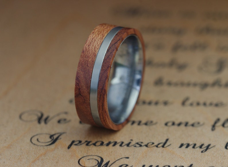 Mens Wood Wedding Band, Mens Unique Ring, Mens Titanium Wedding Band, Titanium Ring Wood Inlay Ring, 8mm Wooden Wedding Rings for Men image 4