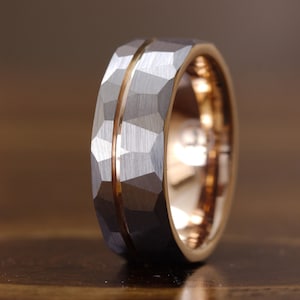Hammered wedding Ring, Mens Hammered Brushed Tungsten Carbide Band, Rose gold strip hammered, Men Ring, 8mm Ring, Wedding Band, Brushed Ring