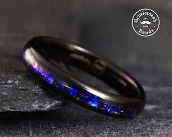4mm Womens Meteorite Ring, Dainty Thin Black Ring, Womens Black Wedding Band, Orion Nebula Ring, Blue Sandstone Ring, Black Tungsten Ring