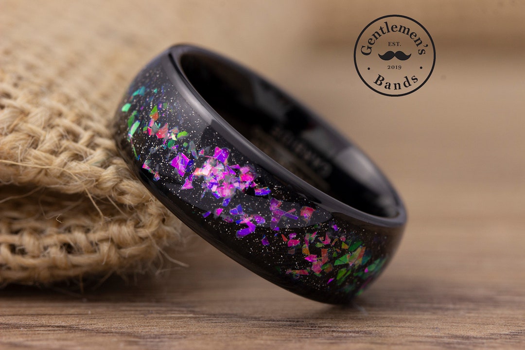 Mens Black Opal Wedding Band, Mens Opal Wedding Ring, Mens Promise Ring