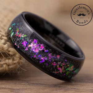 Mens Black Opal Wedding Band, Mens Opal Wedding Ring, Mens Promise Ring, Tungsten Carbide Band, Engagement Ring, Anniversary Ring