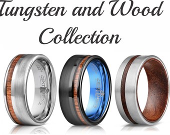 May include: Five tungsten and wood rings. The rings are all silver, black, or blue with a brown wood inlay. The rings are all different styles, but they all have a similar design.