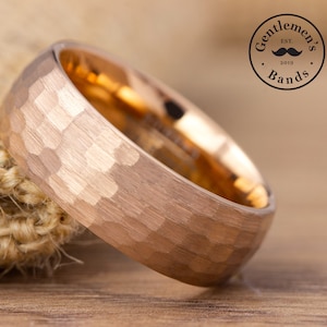 Mens Rose Gold Hammered Wedding Band, Men Rose Gold Wedding Ring, Mens Brushed Hammered Ring, Tungsten Carbide Band, Engagement Ring