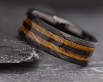 Hammered Whiskey Barrel Ring, Guitar String Wedding Ring, Mens Wedding Band, Charred Whiskey Wood Ring, Promise Ring For Him, Mens Wood Ring