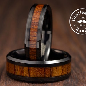 Outdoorsman Koa Wood Wedding Ring, Mens Wedding Band, Black Wedding band, Mens Wedding Ring Koa Wood Inlay, Engagement Ring, Promise Ring