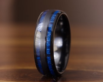 Mens Black Blue Wood Wedding Band, Mens Black Wedding Ring, Mens Blue Wood Ring, Tungsten Carbide Band, Engagement Ring, Wooden Ring