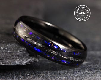 Meteorite Ring, Galaxy Ring, Orion Nebula Ring, Black Tungsten Ring, Mens Wedding Band, Blue Sandstone Ring, Husband 5th Anniversary Gift