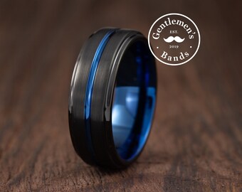 Mens Black Wedding Ring, Blue Wedding Band, Black Wedding Ring, Male Wedding Band, Men Wedding Band, Husbands Anniversary Gift, Men Tungsten