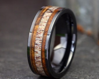 Ring heren hertengewei, trouwring heren gewei, 8 mm hertengewei ring met zwart en gewei inlegwerk, heren trouwring, heren houten ring