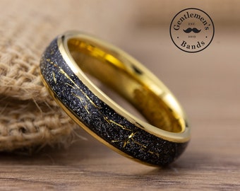 Meteorite Ring, Mens Wedding Band, Black and Gold Ring, Mens Promise Ring, Meteorite Wedding Ring, Unique Anniversary Gift, Mens Gold Ring