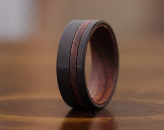 Mens Wood Wedding Band, Mens Wood Ring, Brushed Black Wedding Band, Tungsten Ring Wood Inlay Ring, Mens Unique Wooden Wedding Rings Men