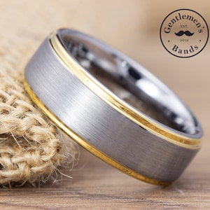 Herren Silber Gold Ehering, Herren Gold Ehering, gebürsteter Herrenring, Hartmetallband, Verlobungsring, Jubiläumsring
