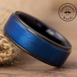 Black Mens Wedding Band with Brushed Blue Center, Black Wedding Ring, Men Blue Tungsten Band, Engagement Ring, Mens Promise Ring, Black Ring