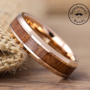 Rose Gold Wedding Band, Mens Polished Tungsten Band, Rose Gold Koa Wood Ring, Koa Wood Ring, Wedding Band, Rose Gold Plated Ring