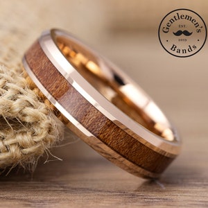 Rose Gold Wedding Band, Mens Polished Tungsten Band, Rose Gold Koa Wood Ring, Koa Wood Ring, Wedding Band, Rose Gold Plated Ring